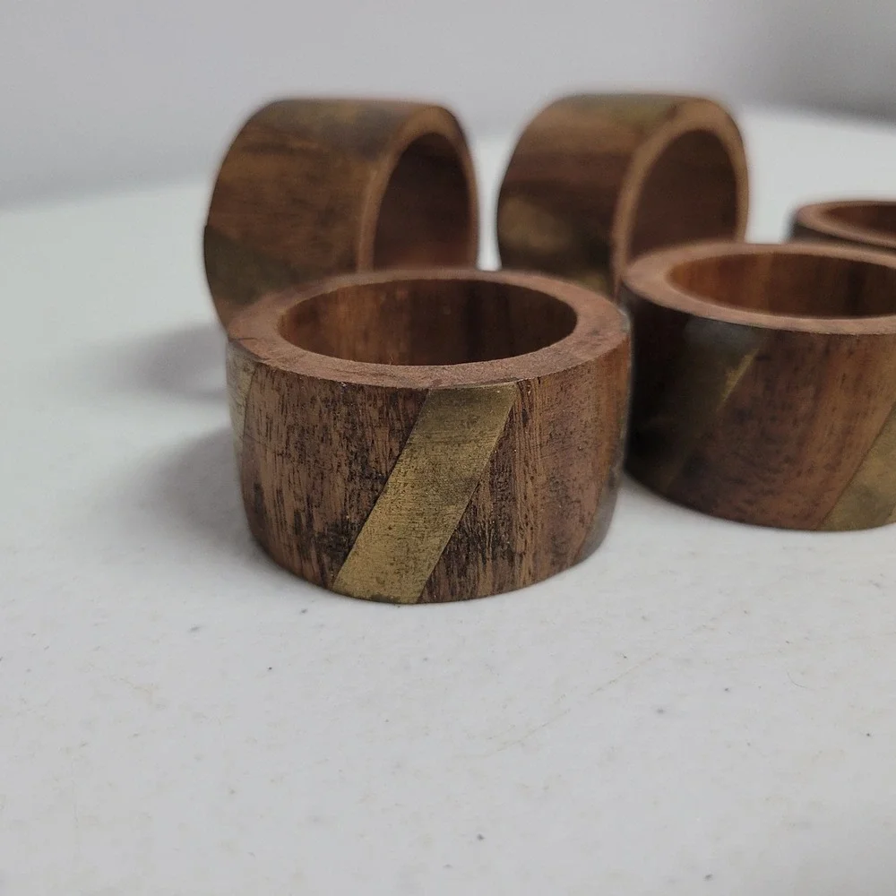 Vintage Wood and Brass Inlay Napkin Rings Set of 5 Brown Gold
